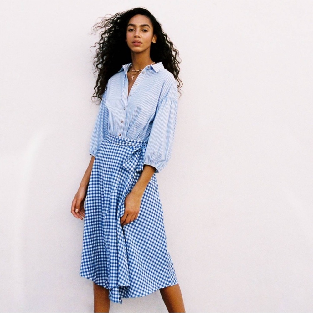 Anthropologie Maeve 14 Gingham Check A-line faux-Wrap Skirt Bow Tie Flare Midi